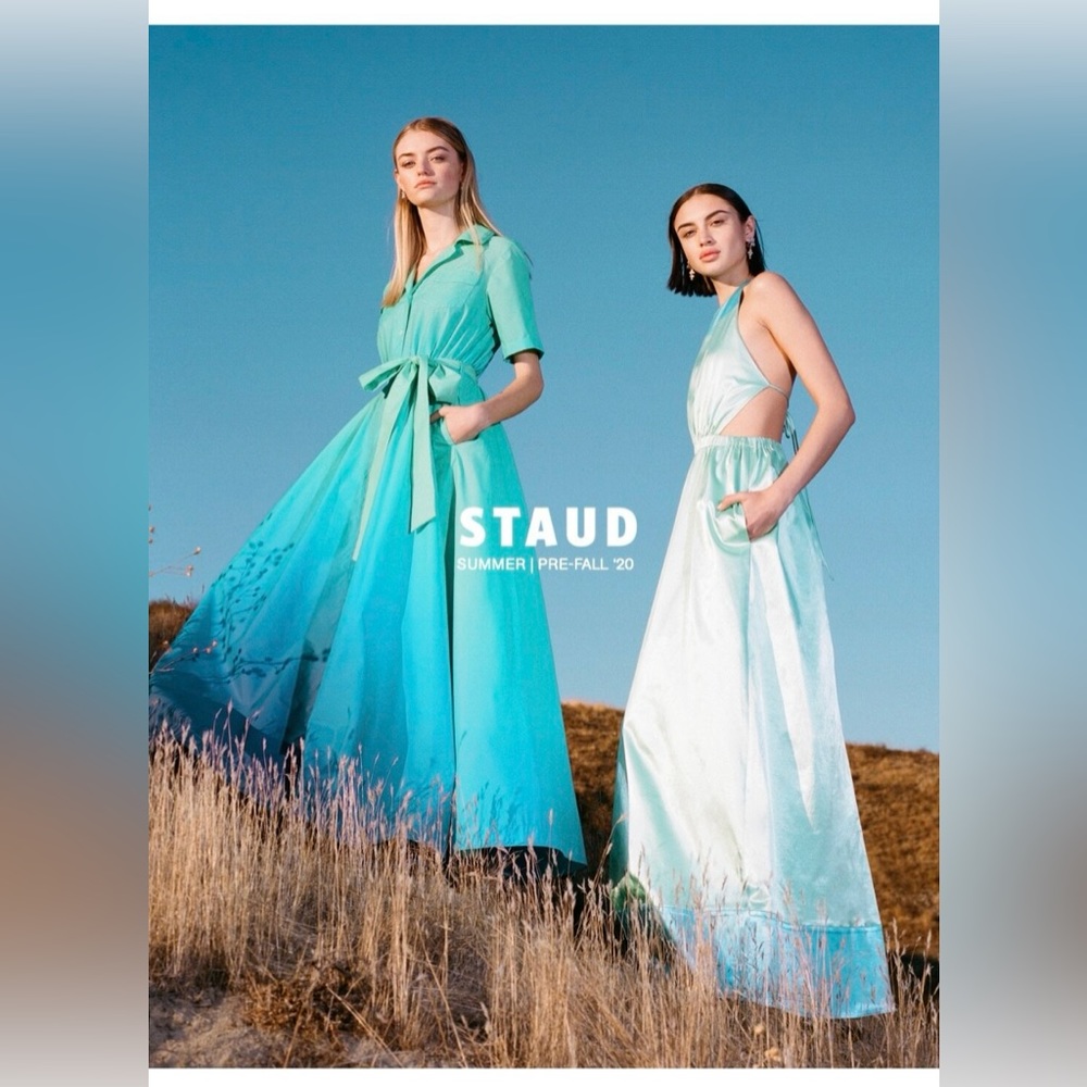 STAUD Small Sidney Satin Blue Maxi Dress Halter Open Back